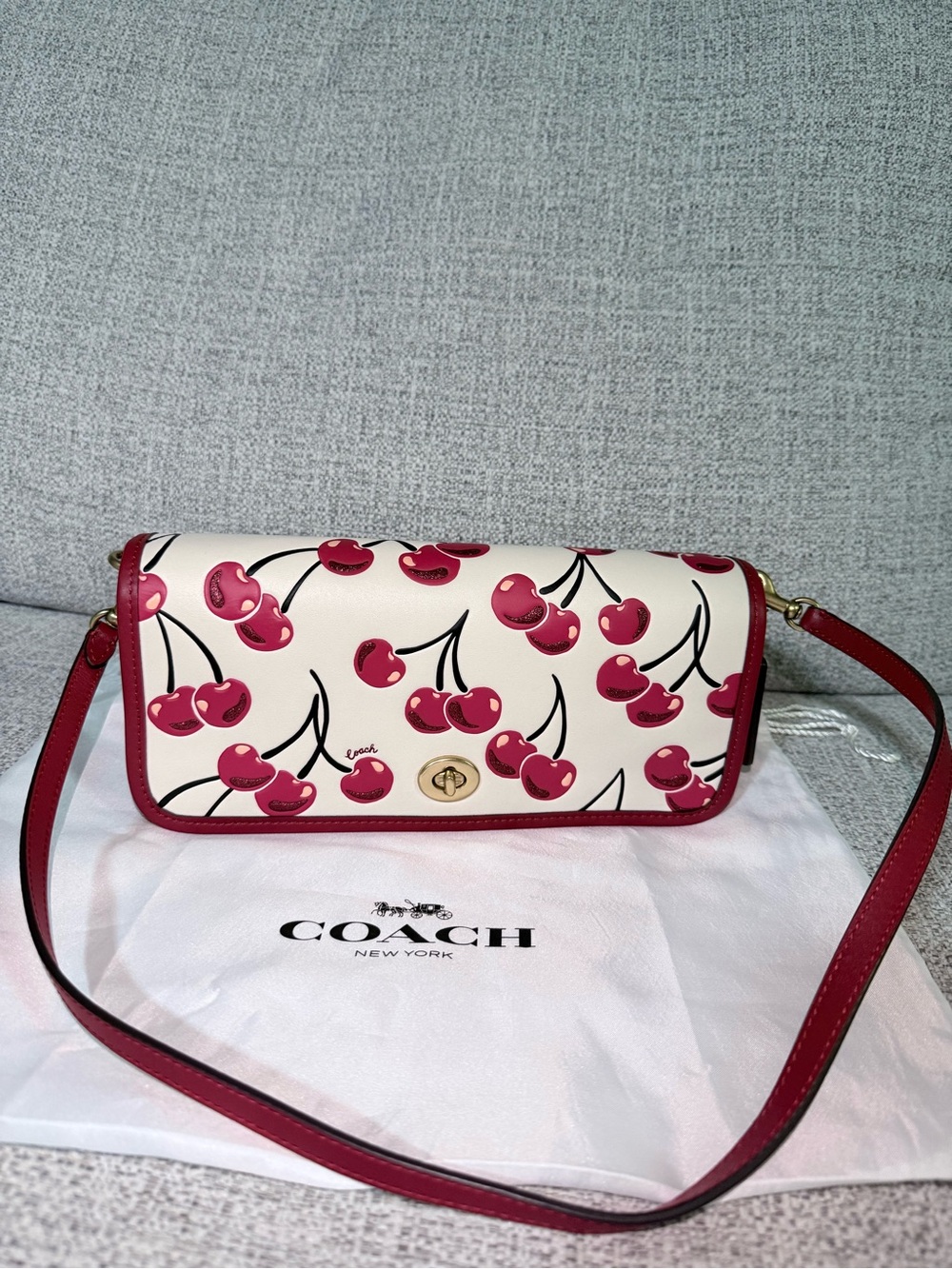 Coach Cherry Print Crossbody Bag in Cream & Red - No chain